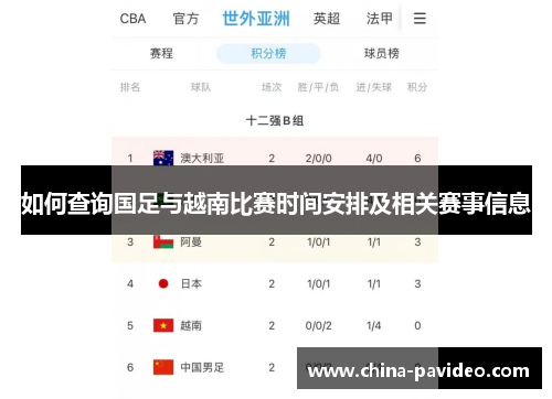 如何查询国足与越南比赛时间安排及相关赛事信息