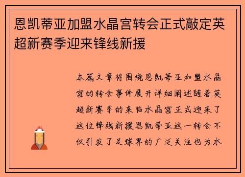 恩凯蒂亚加盟水晶宫转会正式敲定英超新赛季迎来锋线新援